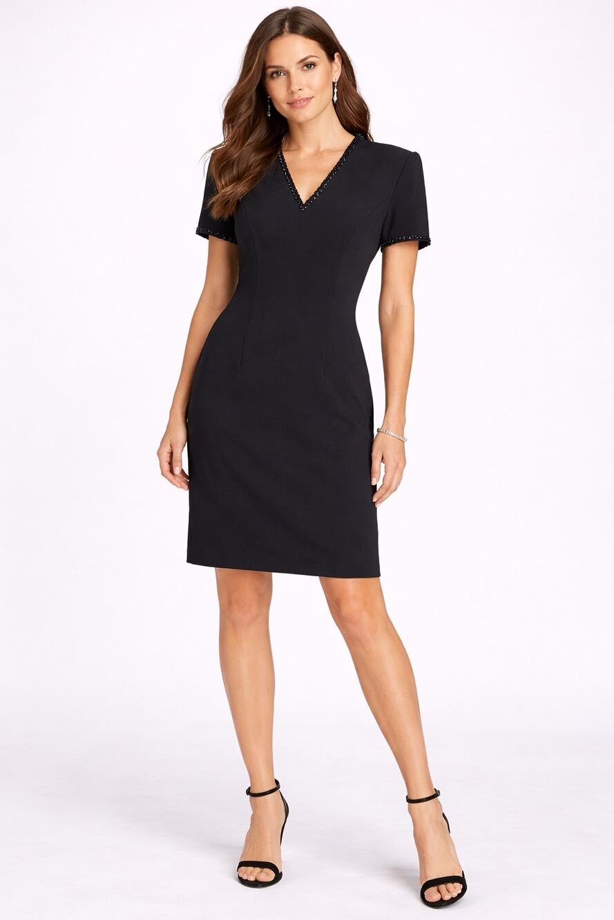 Rimini By Shaw Vintage Womens Black V Neck Dress Beaded Short Sleeve Size 8